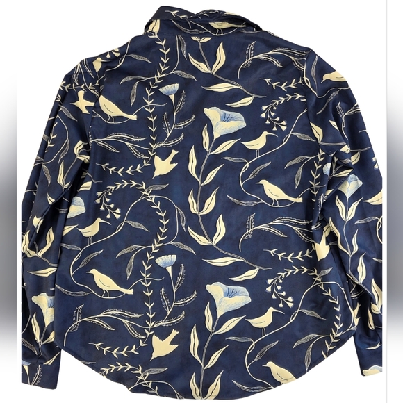 Amazon Bird Print Floral Blue Size L Button-Up Top 3249-G - Picture 4 of 12